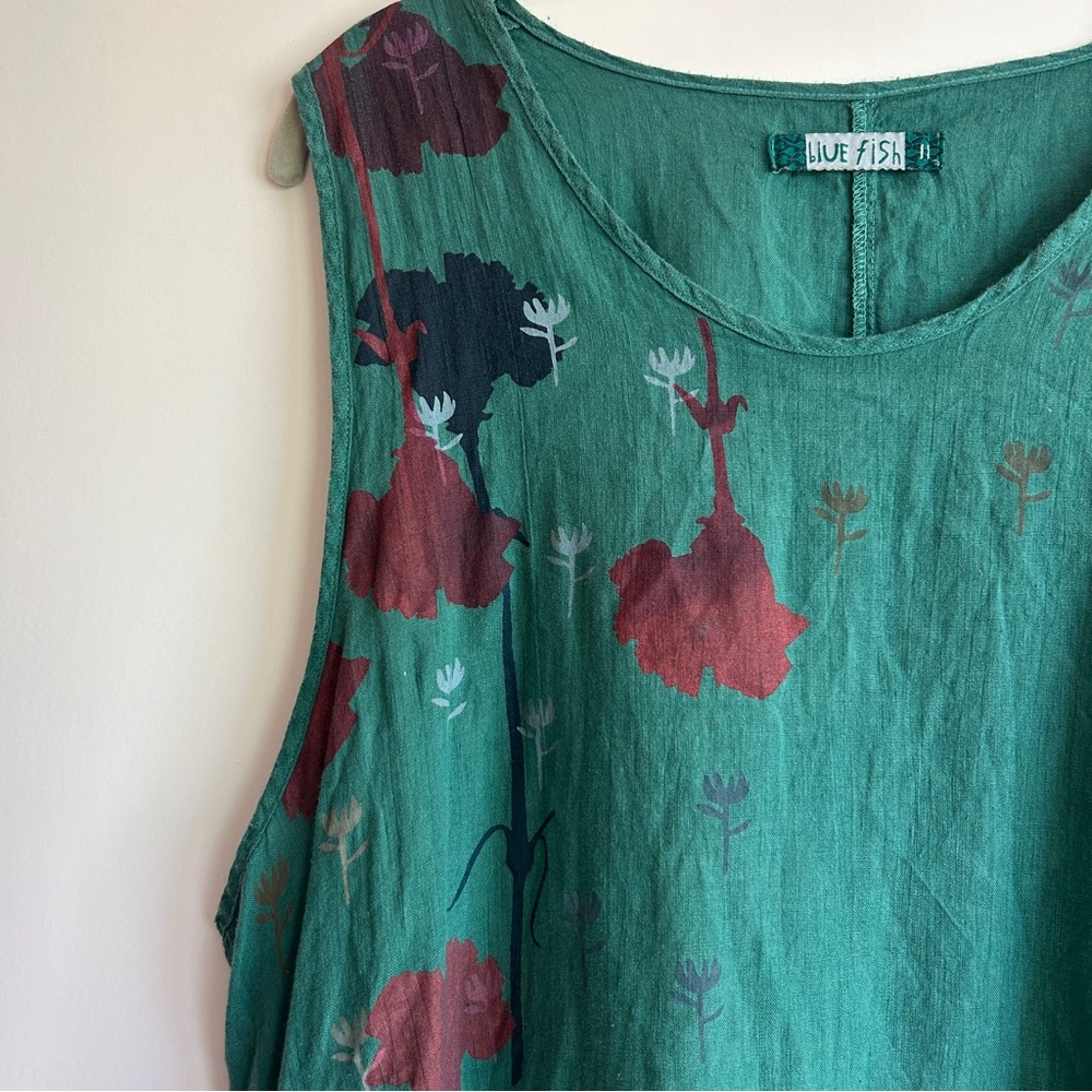 Blue Fish Handmade Hand Painted Teal Floral Summer Linen Dress EUC - Picture 4 of 6